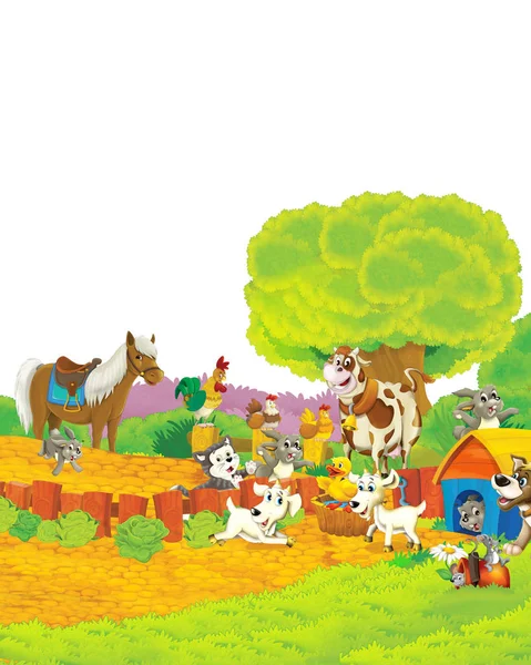 Zeichentrickszene mit Pferd beim Spaß auf dem Bauernhof auf weißem Hintergrund - Illustration für Kinder — Stockfoto