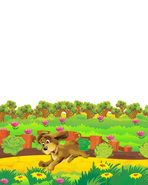 Scena dei cartoni animati con cane divertirsi in fattoria su sfondo bianco - illustrazione per bambini — Foto Stock