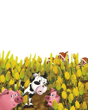 Domuz ve ineğin çiftlikte beyaz arka planda eğlendiği karikatür sahnesi - çocuklar için illüstrasyon
