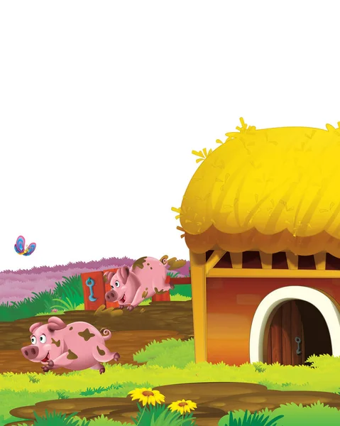Tecknad scen med gris på en gård ranch ha kul på vit bakgrund - illustration för barn — Stockfoto