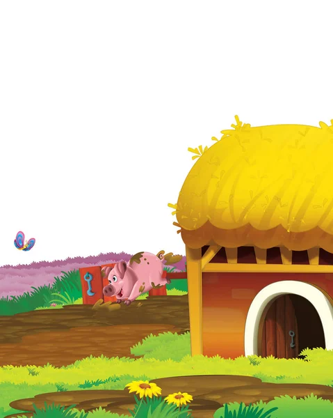 Scène de dessin animé avec cochon dans un ranch agricole s'amuser sur fond blanc illustration pour les enfants — Photo