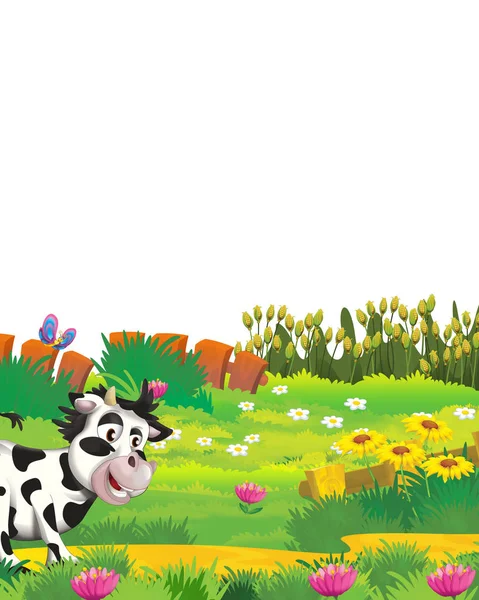 Scène de dessin animé avec vache dans un ranch agricole s'amuser sur fond blanc illustration pour les enfants — Photo