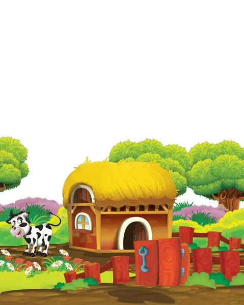 Zeichentrickszene mit Kuh auf Bauernhof-Ranch, die Spaß auf weißem Hintergrund hat - Illustration für Kinder — Stockfoto