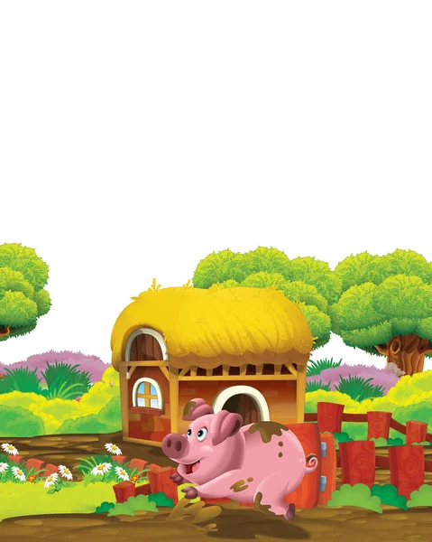 Escena de dibujos animados con cerdo en un rancho de granja divirtiéndose sobre fondo blanco - ilustración para niños —  Fotos de Stock