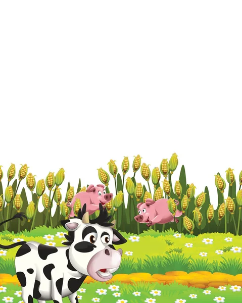 농장 목장에서 돼지와 소와 함께 하얀 배경으로 재미있게 노는 만화 장면 - 아이들을 위한 삽화 — 스톡 사진