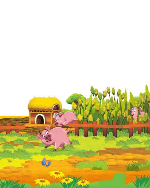 白い背景で楽しい牧場の豚と漫画シーン-子供のためのイラスト — ストック写真
