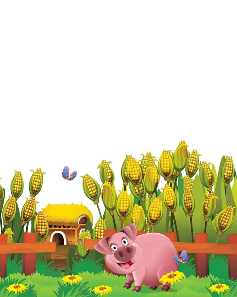 Scène de dessin animé avec cochon dans un ranch agricole s'amuser sur fond blanc illustration pour les enfants — Photo