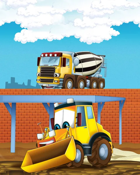 cartoon scene with digger excavator and concrete mixer or loader on construction site - illustration for children