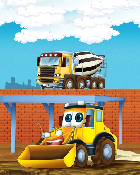 Cartoon scene with digger excavator and concrete mixer or loader on construction site - illustration for children — Stock Photo, Image