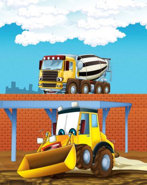 Kazıcı kazıcı ve beton karıştırıcı ile çizgi film sahnesi veya inşaat alanında yükleyici - çocuklar için illüstrasyon