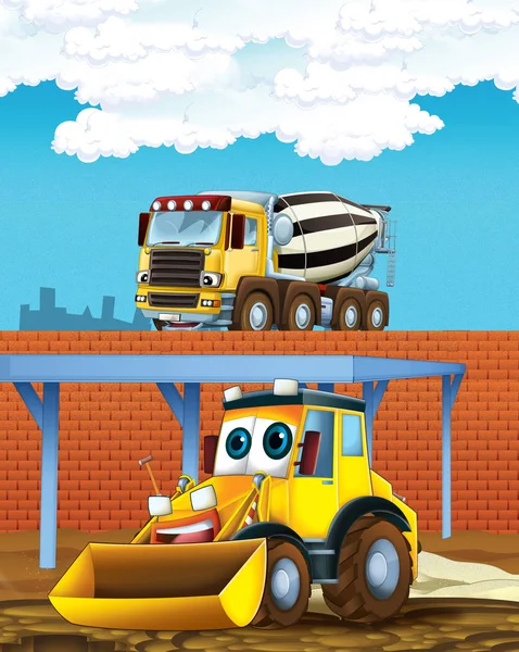 Cena dos desenhos animados com escavadeira escavadora e betoneira ou carregador no canteiro de obras - ilustração para crianças — Fotografia de Stock