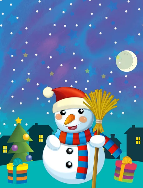 Різдвяна щаслива сцена з різними тваринами Санта Клаус і сніговик - ілюстрація для дітей — стокове фото