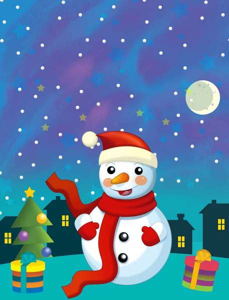 Navidad escena feliz con diferentes animales santa claus y muñeco de nieve - ilustración para los niños —  Fotos de Stock