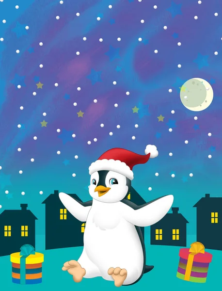 圣诞快乐与企鹅圣塔的场景-儿童图解 — 图库照片