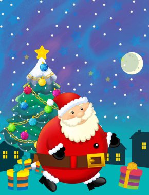 Noel Baba ve Noel ağacı ile mutlu bir Noel sahnesi - çocuklar için bir illüstrasyon