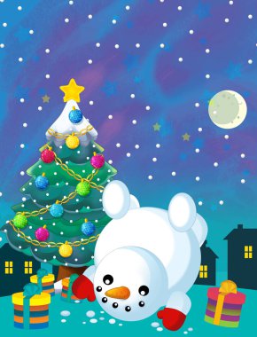 Kardan adam ve Noel ağacıyla Noel mutlu sahnesi - çocuklar için çizim