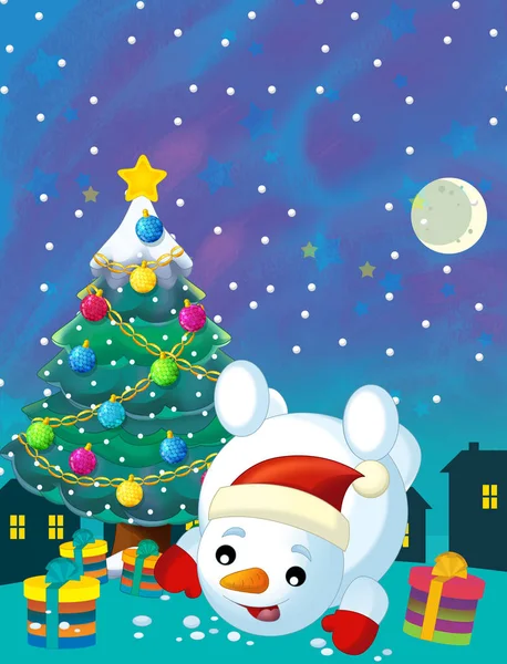 Christmas happy scene with snowman and christmas tree - illustration for the children