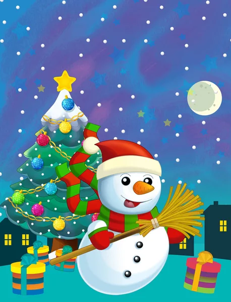 Escena feliz de Navidad con muñeco de nieve y árbol de Navidad - ilustración para los niños —  Fotos de Stock