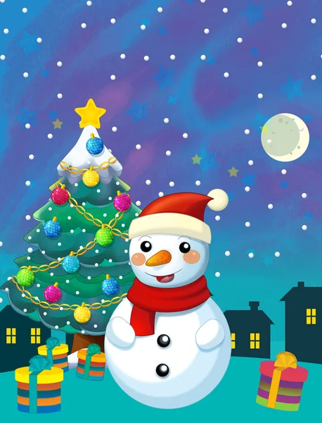 Vánoční veselá scéna se sněhulákem a vánoční stromeček - ilustrace pro děti — Stock fotografie