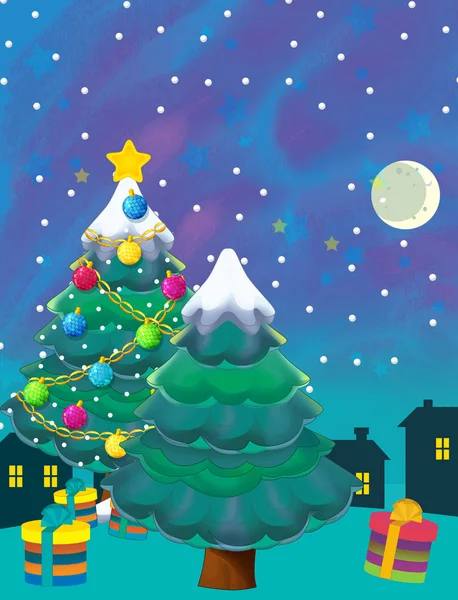 Cartoon happy scene with christmas tree - illustration for children — Stock Photo, Image