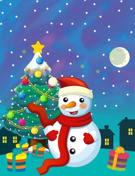 Χριστουγεννιάτικη χαρούμενη σκηνή με χιονάνθρωπο και χριστουγεννιάτικο δέντρο - εικονογράφηση για τα παιδιά — Φωτογραφία Αρχείου