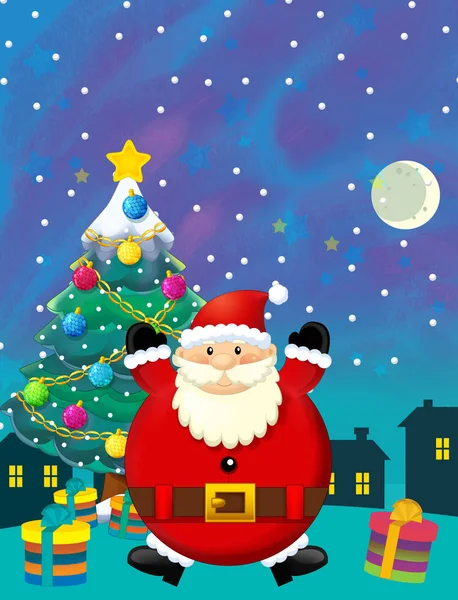 Christmas happy scene with santa claus and christmas tree - illustration for the children — Stock Photo, Image