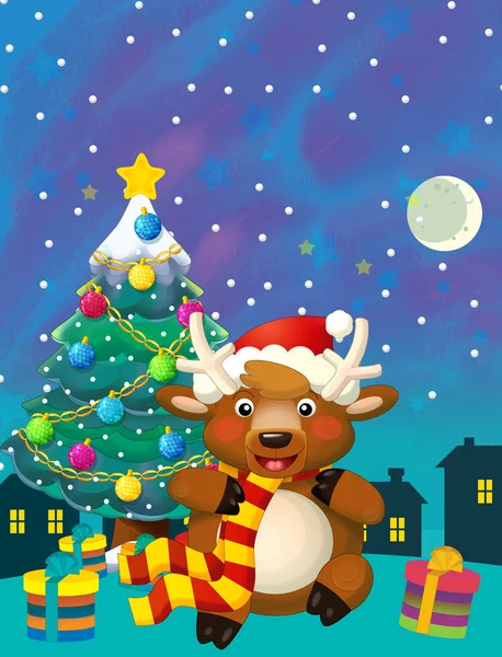 cartoon happy scene with santa claus deer or reindeer and christmas tree - illustration for children