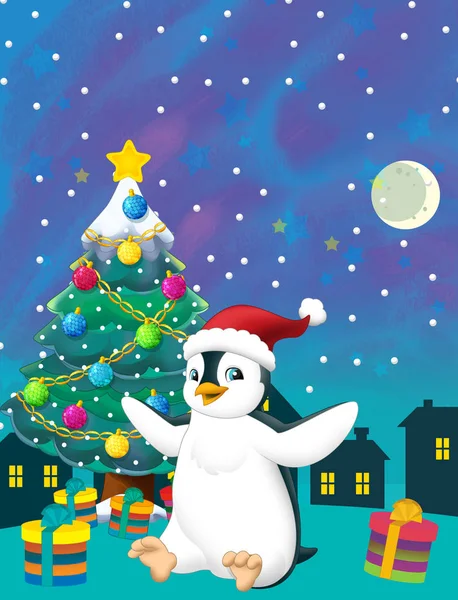 Dibujos animados escena feliz con pingüino Santa y árbol de Navidad - ilustración para los niños —  Fotos de Stock