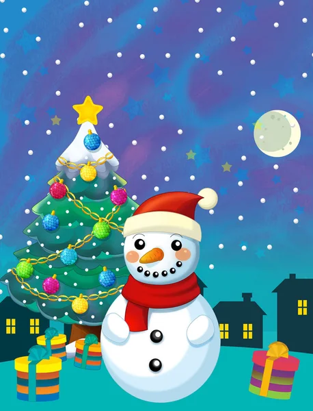 Christmas happy scene with snowman and christmas tree - illustration for the children — Stock Photo, Image