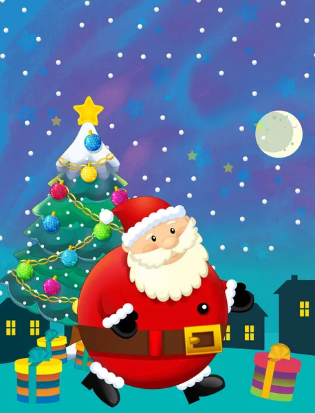 Christmas happy scene with santa claus and christmas tree - illustration for the children — Stock Photo, Image