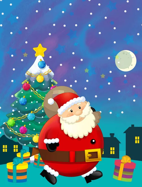 Christmas happy scene with santa claus and christmas tree - illustration for the children — Stock Photo, Image