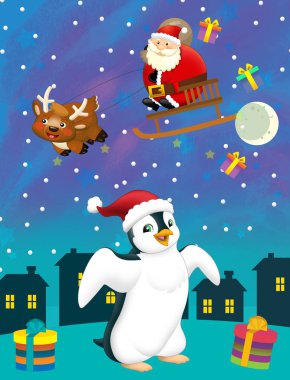 Penguen ve Noel Baba 'nın olduğu mutlu Noel sahnesi geyiklerle uçuyor. Çocuklar için bir illüstrasyon.