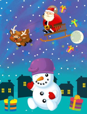 Noel sahnesi mutlu kardan adam ve Noel baba uçuyor - çocuklar için çizimler