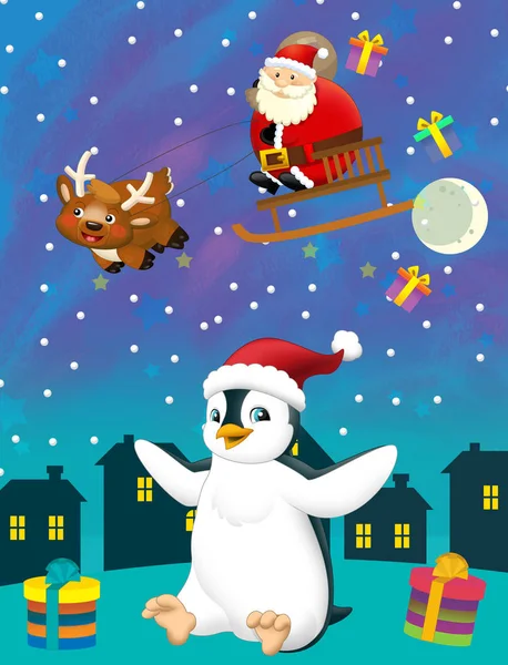 Navidad feliz escena con pingüino y Santa Claus está volando con ciervos - ilustración para los niños —  Fotos de Stock