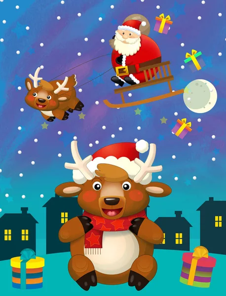 Christmas happy scene with santa claus deer or reindeer and santa is flying - illustration for children — ストック写真