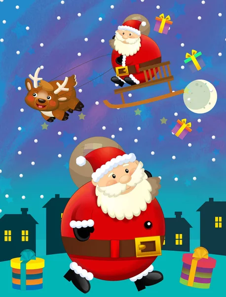 Christmas happy scene with santa claus is flying - illustration for children — Stock Photo, Image