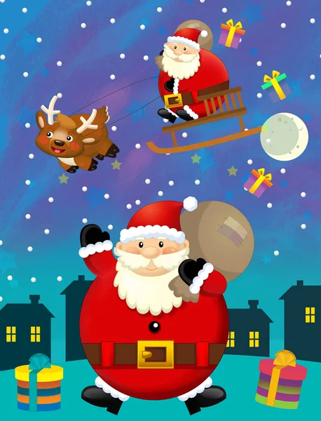 Christmas happy scene with santa claus is flying - illustration for children — Stock Photo, Image