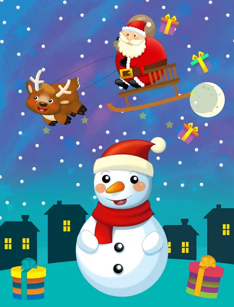 크리스마스의 행복 한 장면 눈 사람 과 산타 클로스 아이들을 위한 비행 삽화 — 스톡 사진