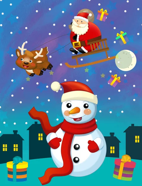 Christmas happy scene snowman and santa claus is flying - illustration for children — Stock Photo, Image