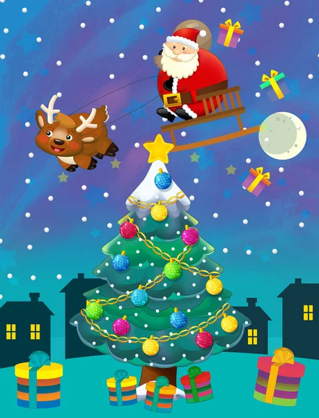 Cartone animato scena felice con albero di Natale e Babbo Natale volante - illustrazione per bambini — Foto Stock