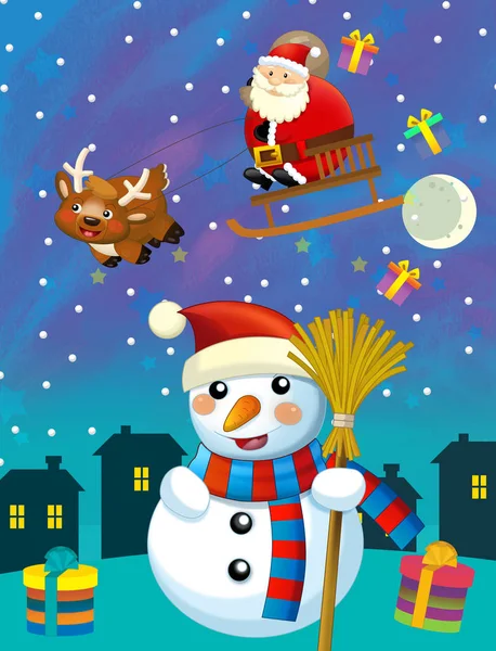Navidad escena feliz muñeco de nieve y santa claus está volando - ilustración para los niños —  Fotos de Stock