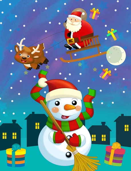 Christmas happy scene snowman and santa claus is flying - illustration for children — ストック写真