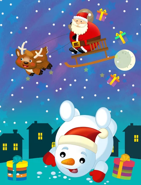 Weihnachtsfreudige Szene Schneemann und Weihnachtsmann fliegen - Illustration für Kinder — Stockfoto