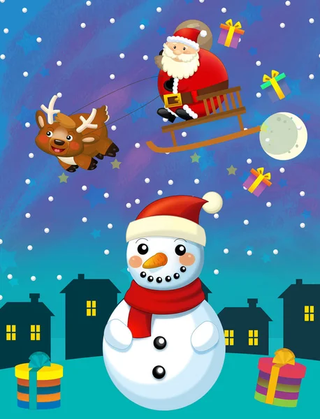 Christmas happy scene snowman and santa claus is flying - illustration for children — Stock Photo, Image