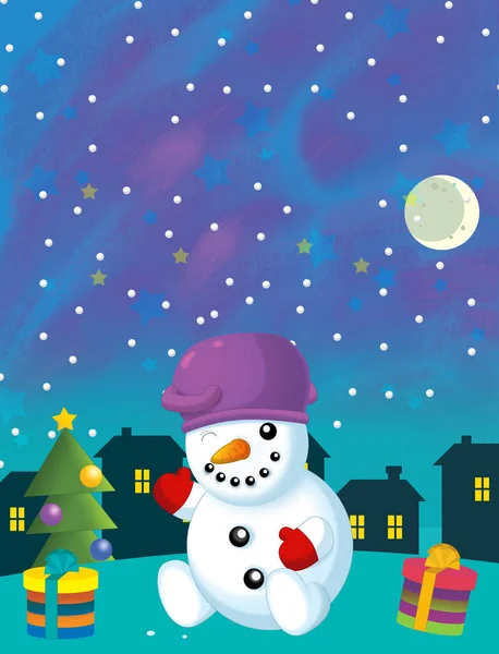 Cartoon happy and funny scene with snowman and christmas tree - illustration for children — ストック写真