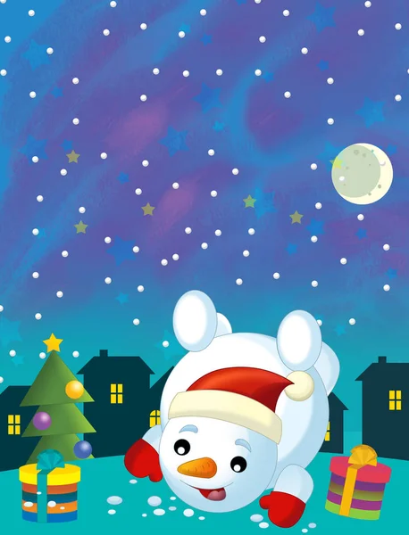 Cartone animato scena felice e divertente con pupazzo di neve e albero di Natale - illustrazione per bambini — Foto Stock