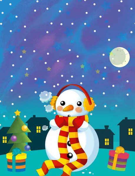 Dibujos animados feliz y divertida escena con muñeco de nieve y árbol de Navidad - ilustración para los niños —  Fotos de Stock