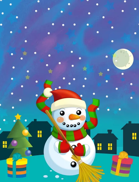 Kreslená veselá a zábavná scéna se sněhulákem a vánoční stromeček - ilustrace pro děti — Stock fotografie