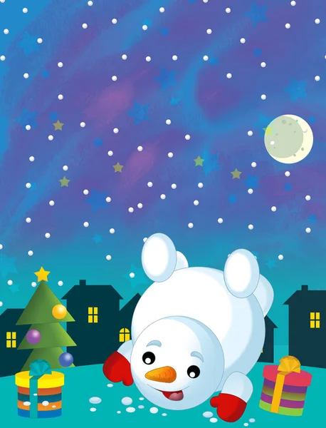 Kreslená veselá a zábavná scéna se sněhulákem a vánoční stromeček - ilustrace pro děti — Stock fotografie