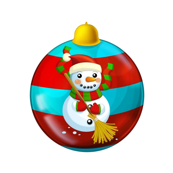 Scène de bande dessinée avec des boules de Noël brillantes et brillantes sur fond blanc avec bonhomme de neige - illustration pour enfants — Photo